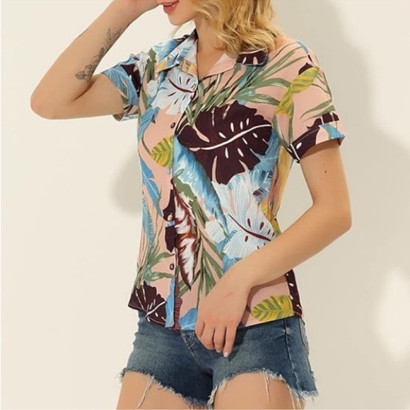 Allegra K Hawaiian Floral Print Button Up Shirt - Picture 1 of 8